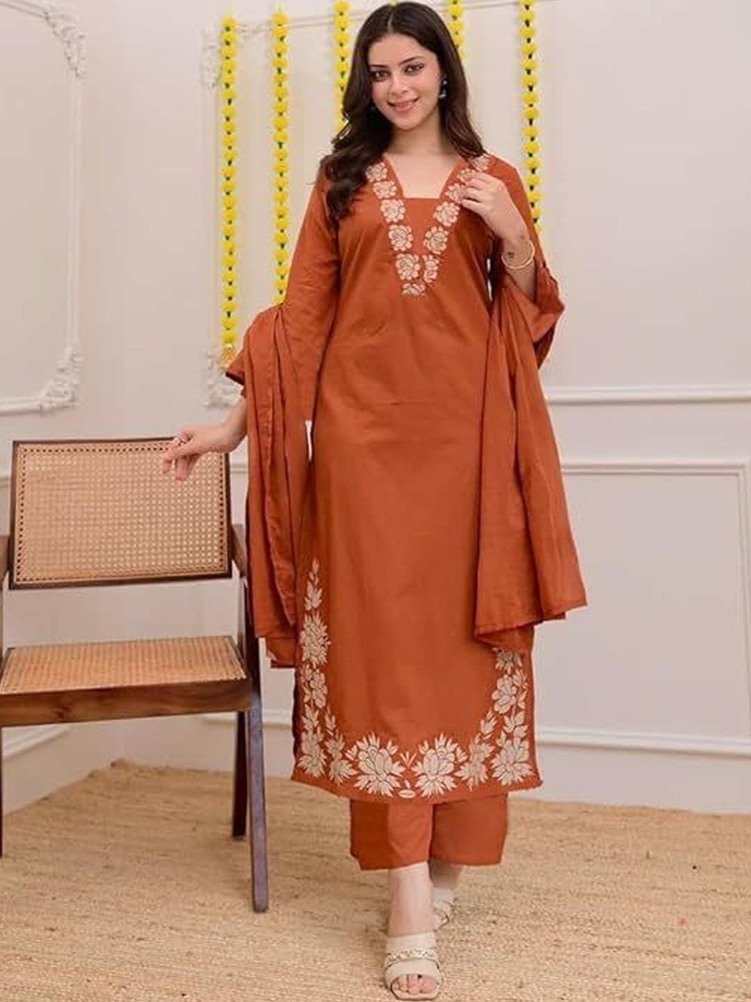Keitra Women Ethnic Motifs Embroidered Thread Work Pure Silk Kurta with Palazzos & Dupatta