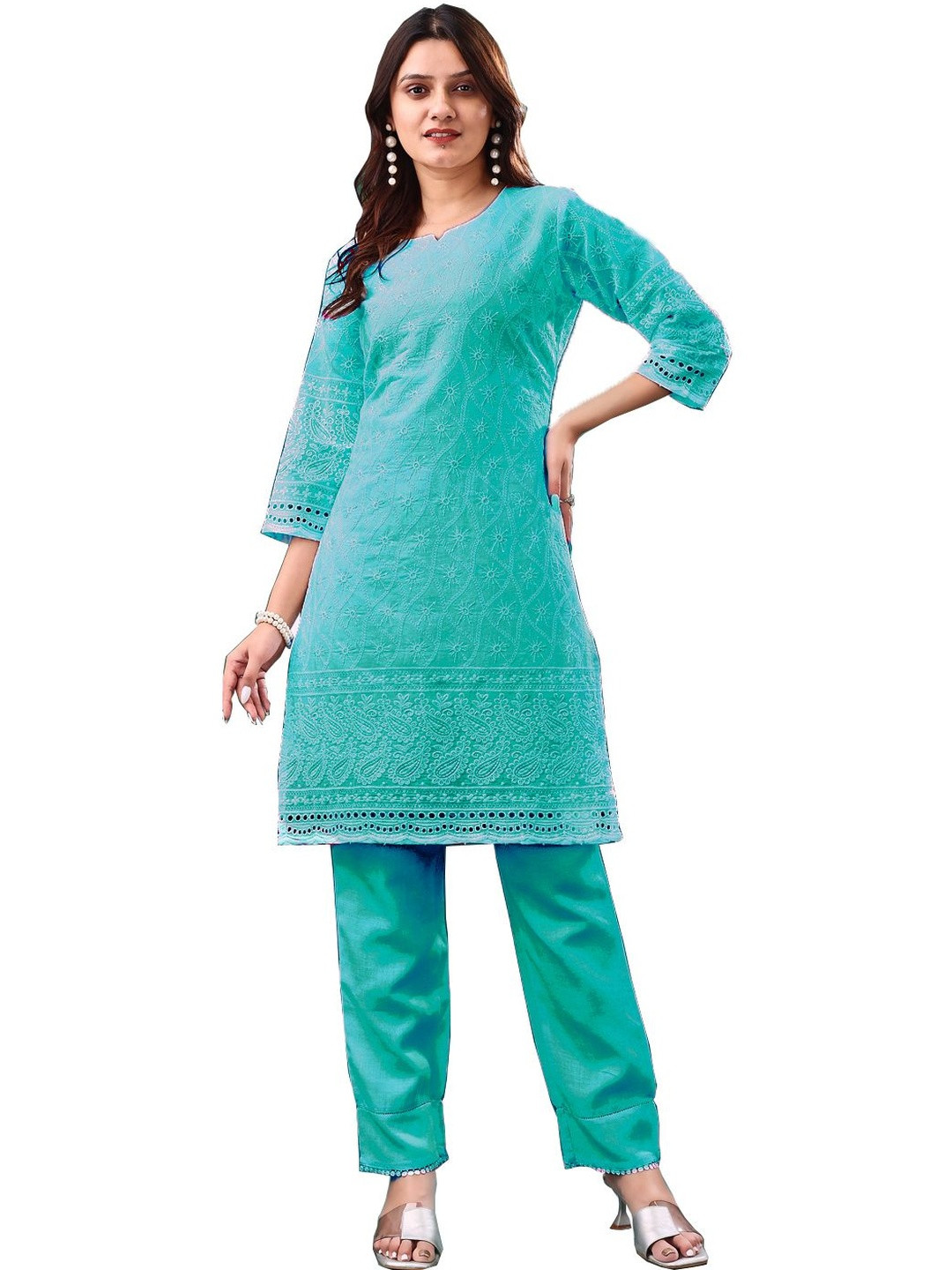 ZAZADIYA Ethnic Motifs Embroidered V-Neck Chikankari Pure Cotton Chikankari Kurti