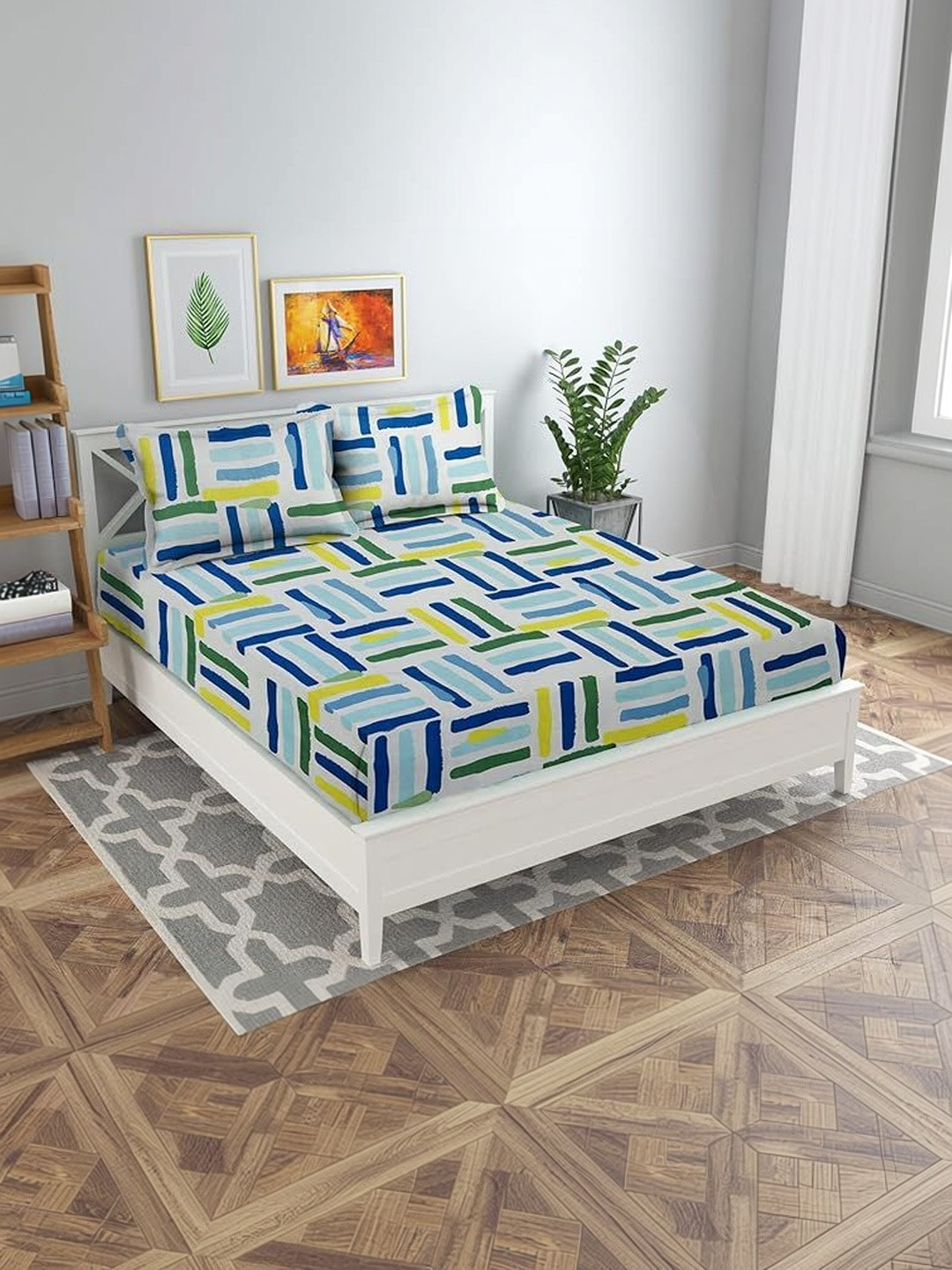 LUZDECOR White Geometric King Bedsheet with 2 Pillow Covers