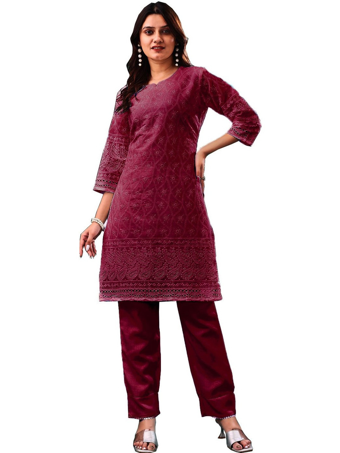 ZAZADIYA Ethnic Motifs Embroidered V-Neck Chikankari Pure Cotton Chikankari Kurti