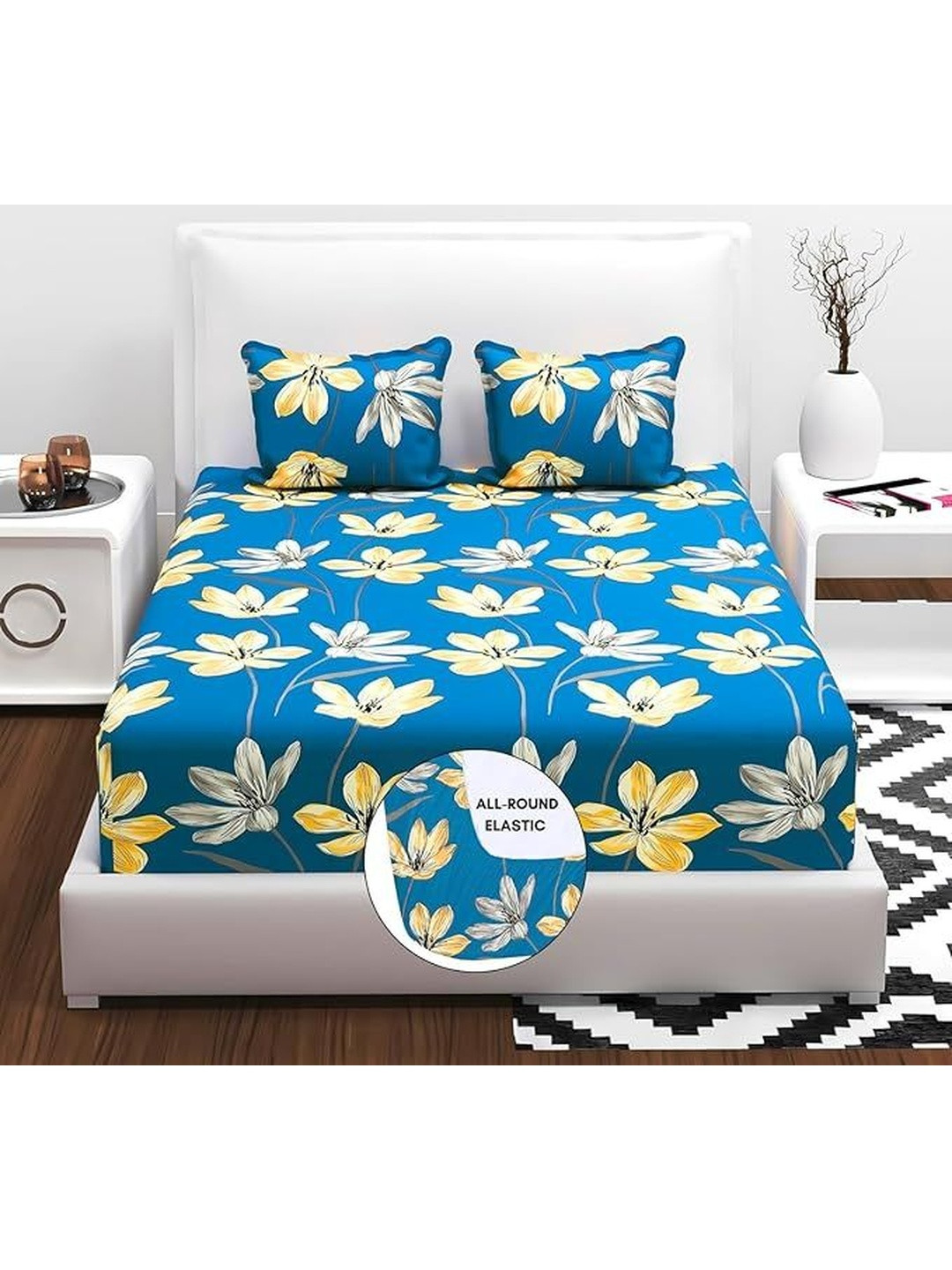LUZDECOR Blue Floral King Bedsheet with 2 Pillow Covers