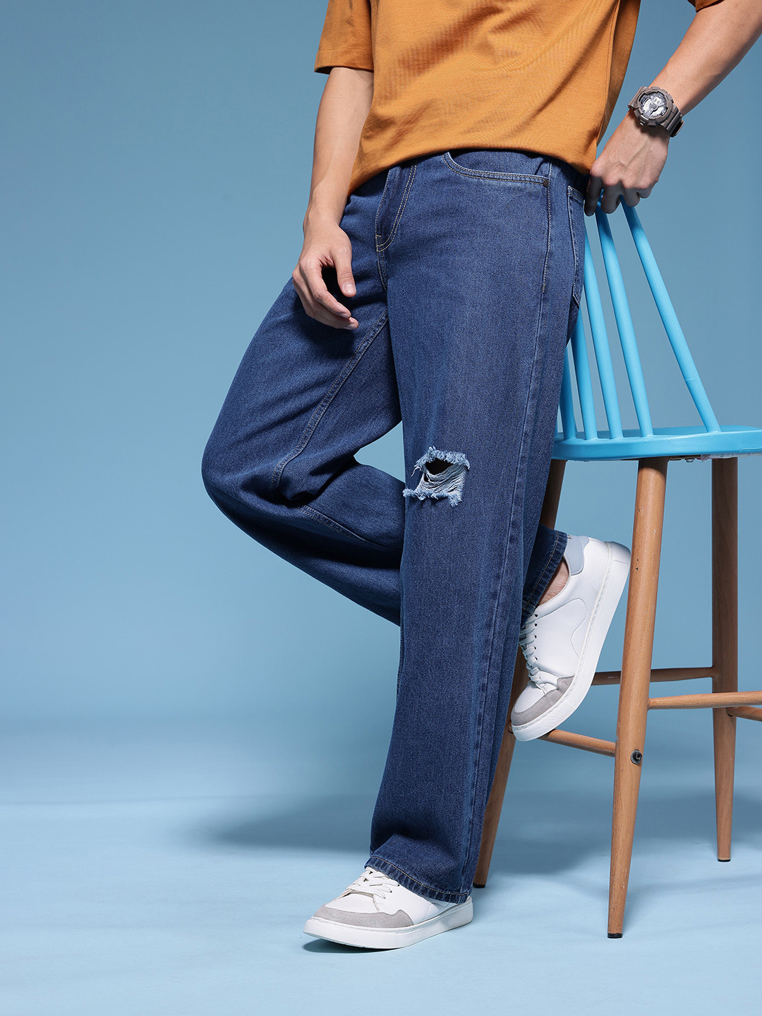 HERE&NOW Men Baggy Fit Low Distress Pure Cotton Jeans