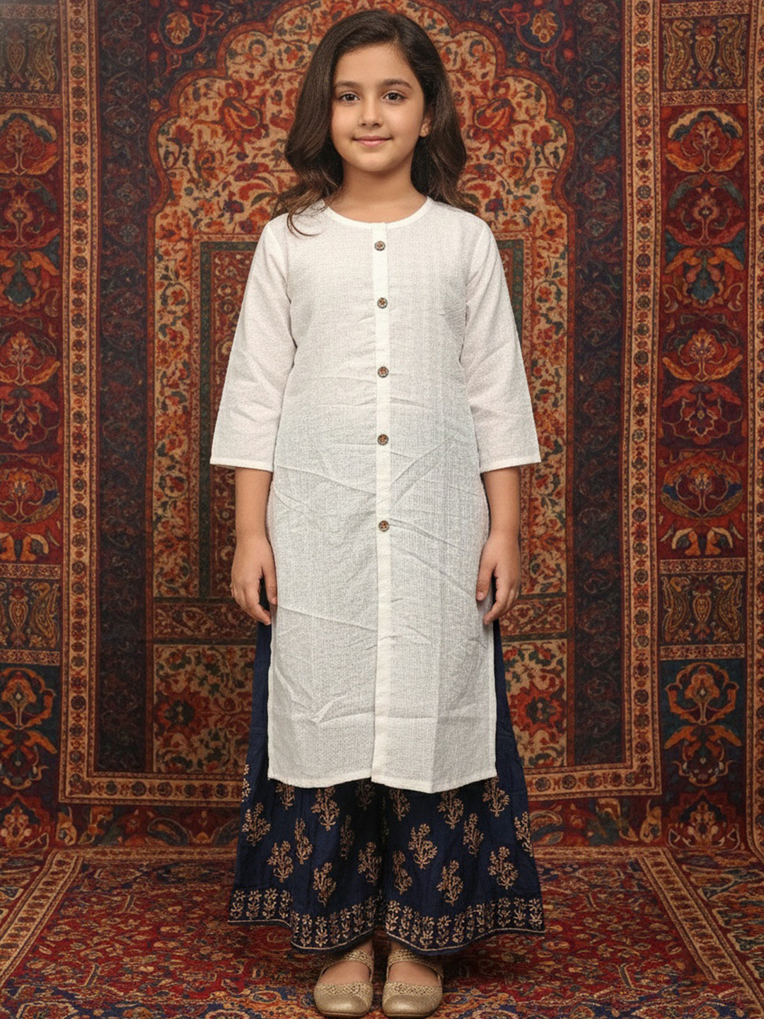Sangria Girls Cotton Round Neck Calf Length A-Line Kurtas