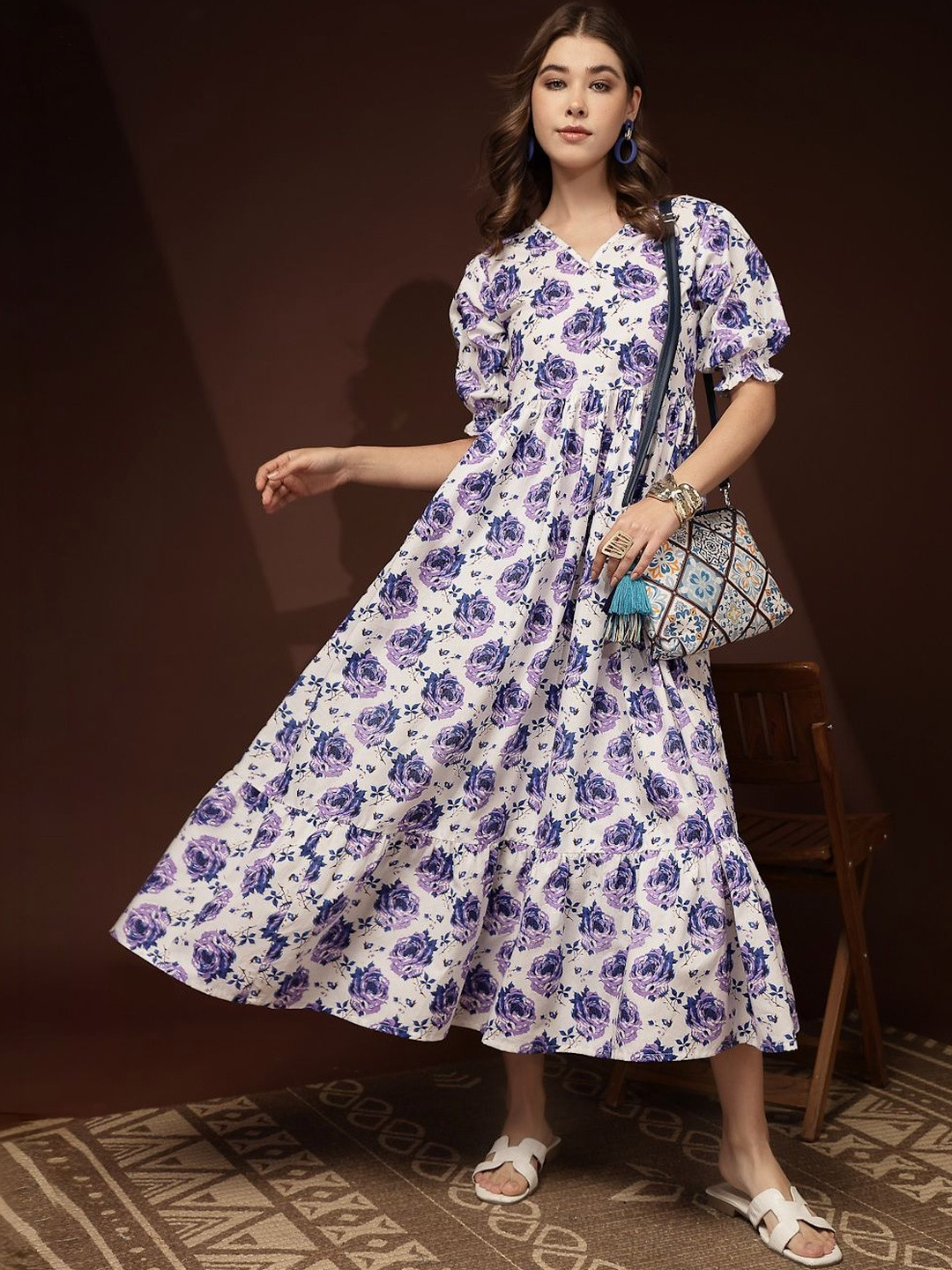 DAEVISH Floral Print Puff Sleeve Maxi Midi Dress