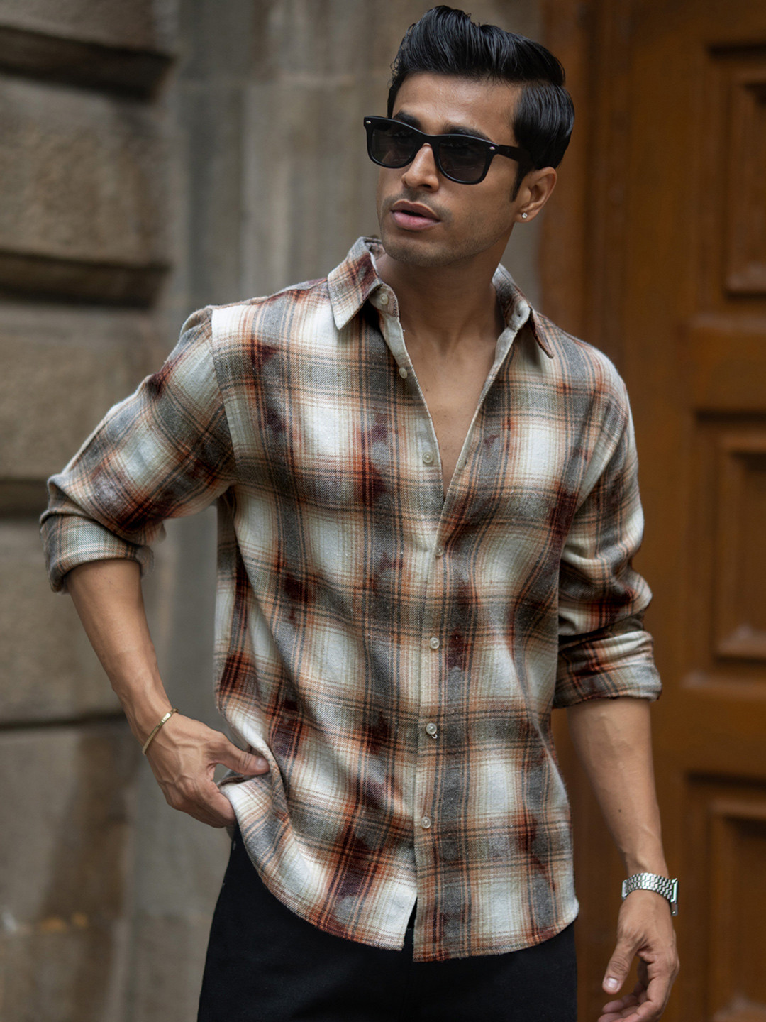 Powerlook Washed Checks Tartan Cotton Long Sleeves Shirt