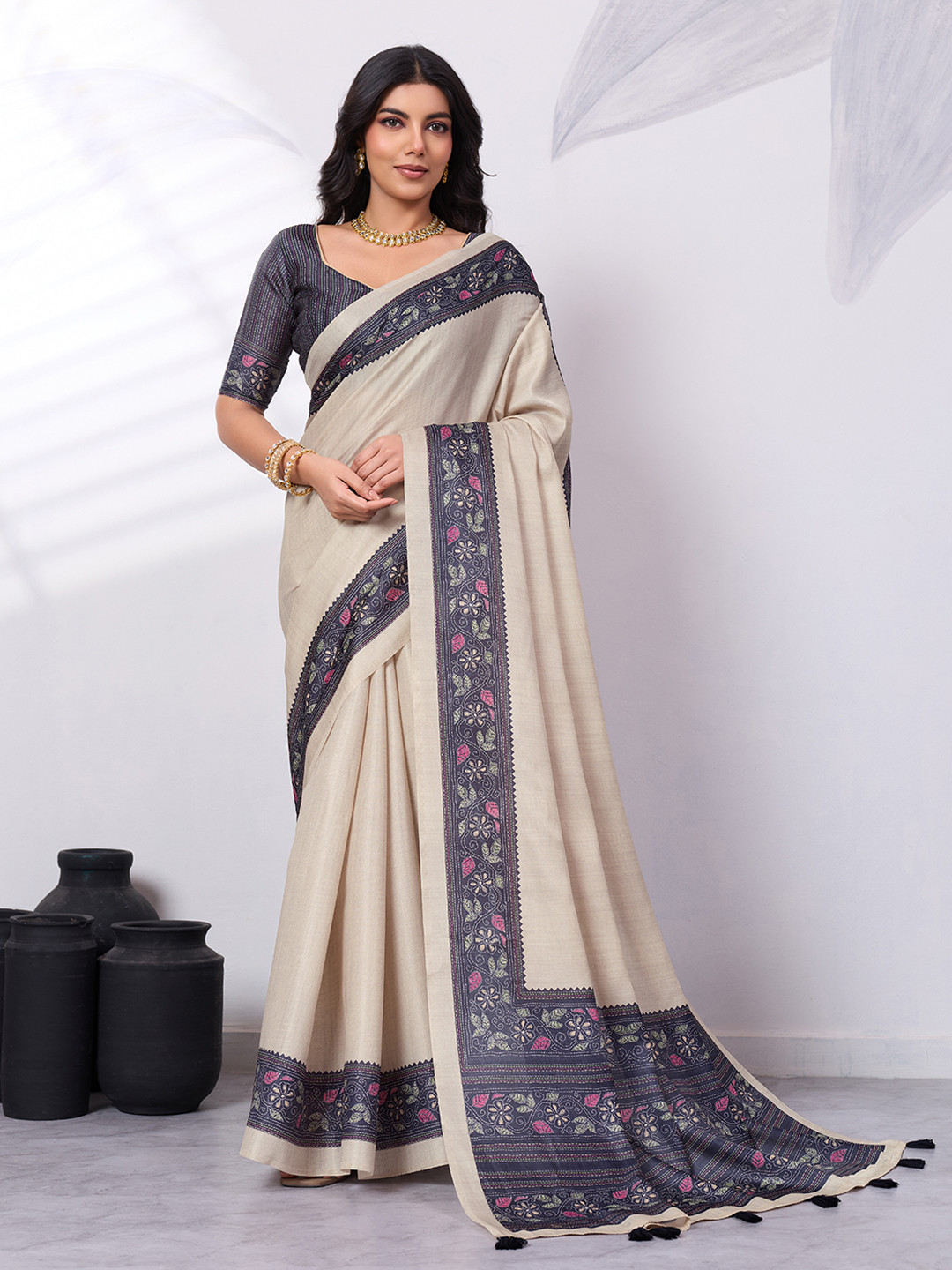PBS PRINTS Ethnic Motifs Embroidered Satin Tussar Saree