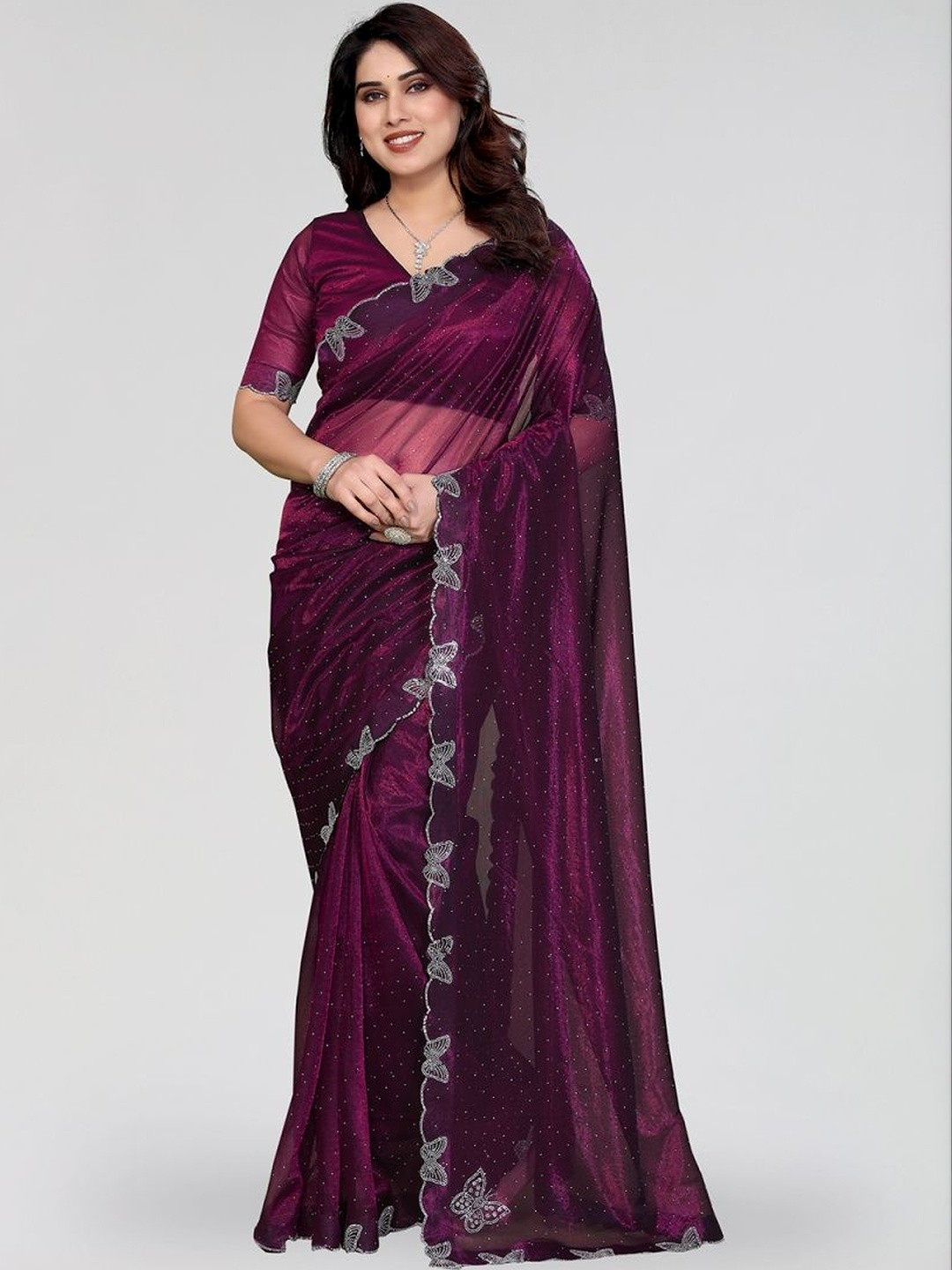 STYLETONE Embellished Beads and Stones Net Heavy Work Saree