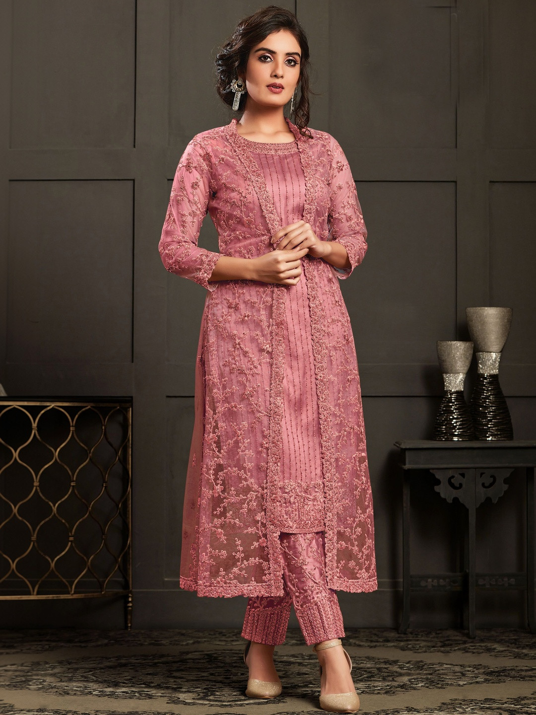 RUDRAPRAYAG Floral Embroidered Net Maxi Dress