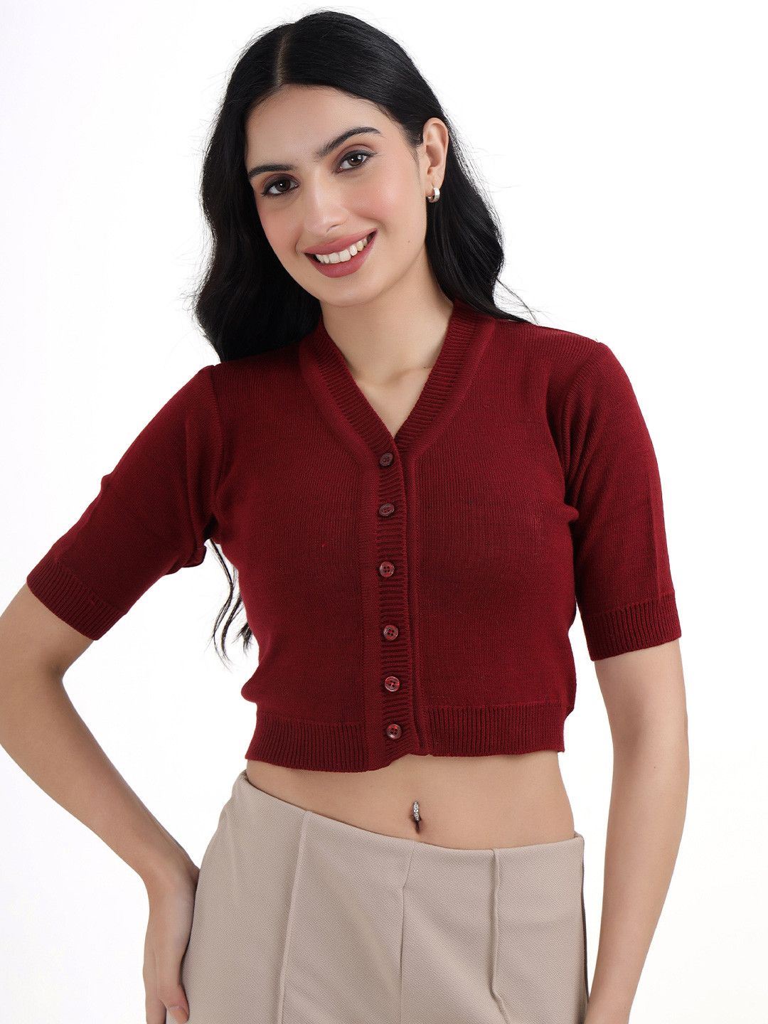 FEMULA Maroon Woollen Blouson Solid Crop Top