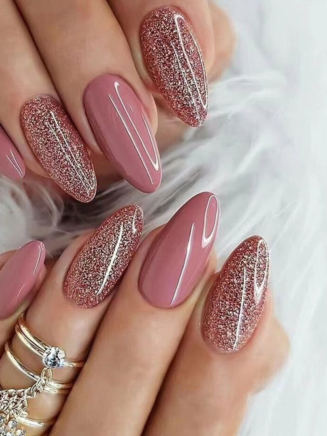 Vembley Set Of 24 Almond Shape Reusable Press On Nails - Pink Silver Glitter