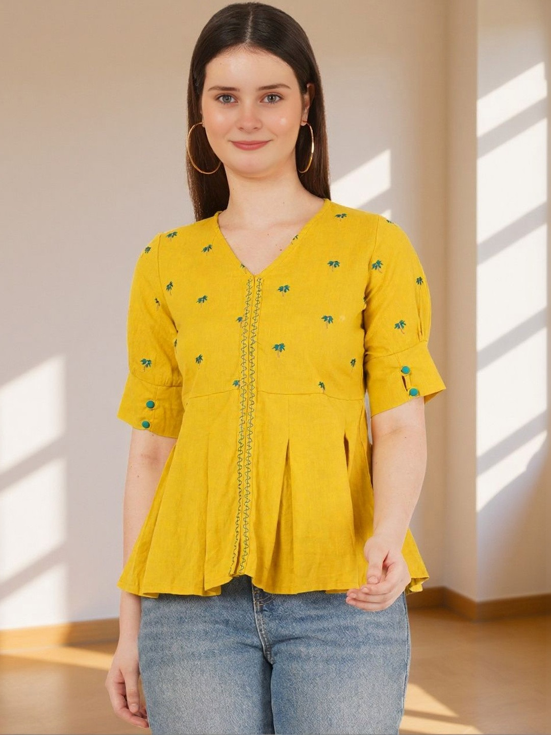 Hyba Tropical Embroidered Puff Sleeve Tropical Cotton Peplum Top