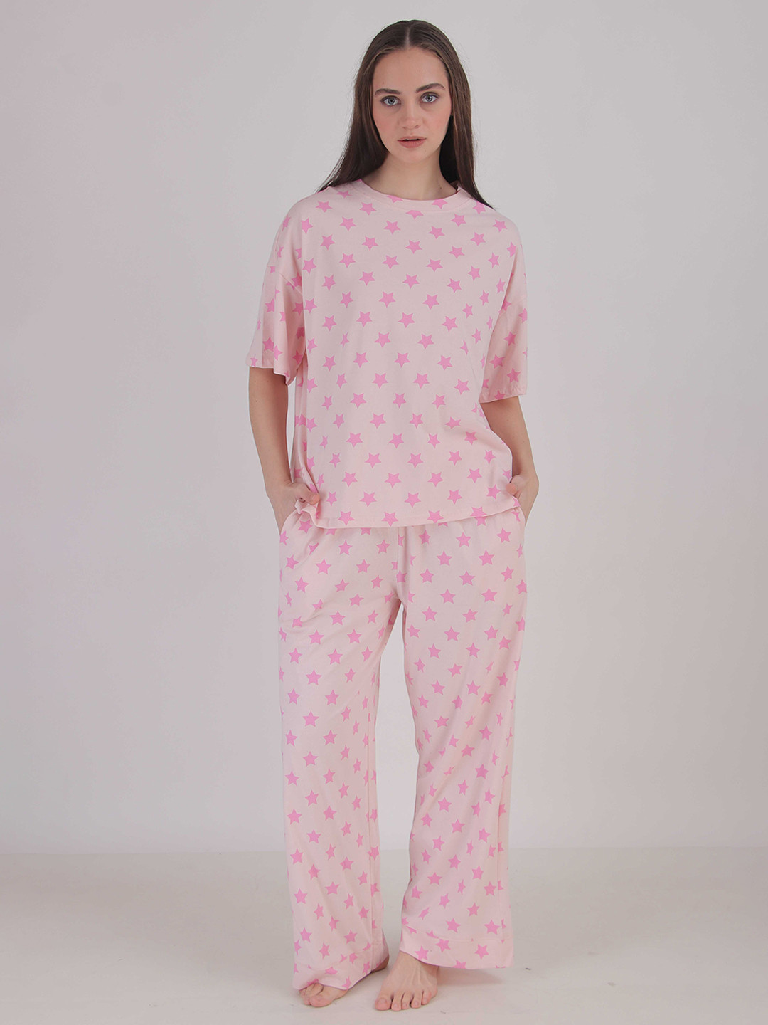 Masha Women Berry Star Printed Oversized Cotton Night suit