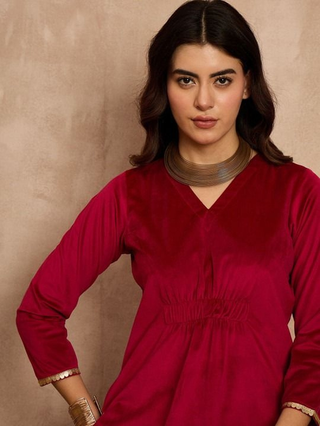 Winter Printed Velvet V-Neck Kurta & Trousers Kurta Set
