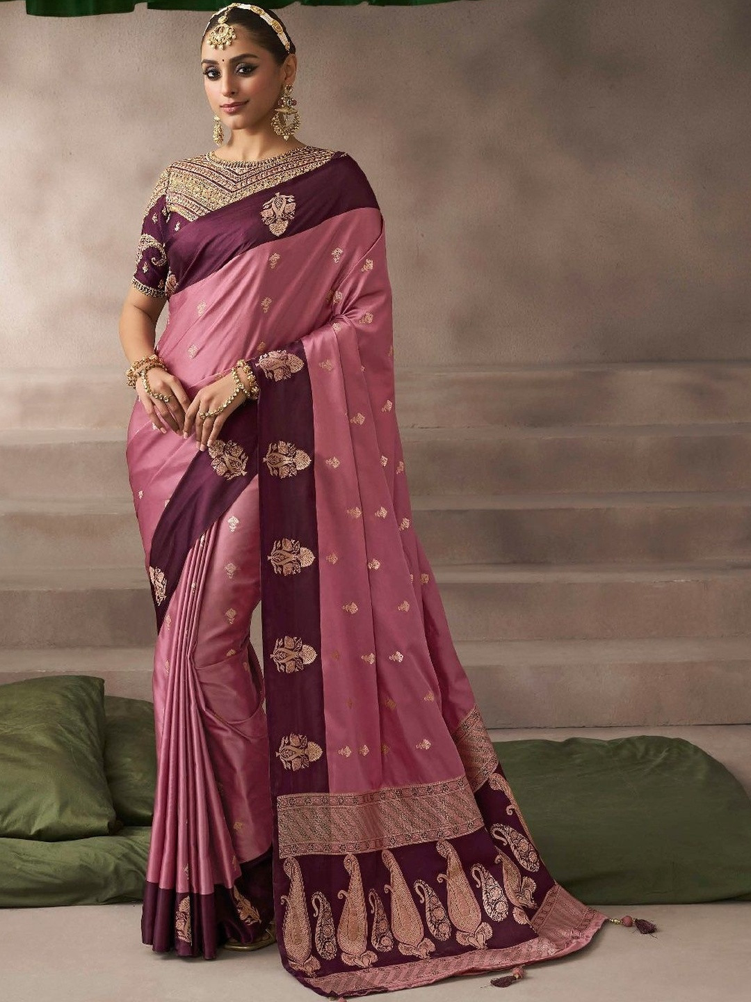 MUKHITA Ethnic Motifs Zari Satin Heavy Work Saree