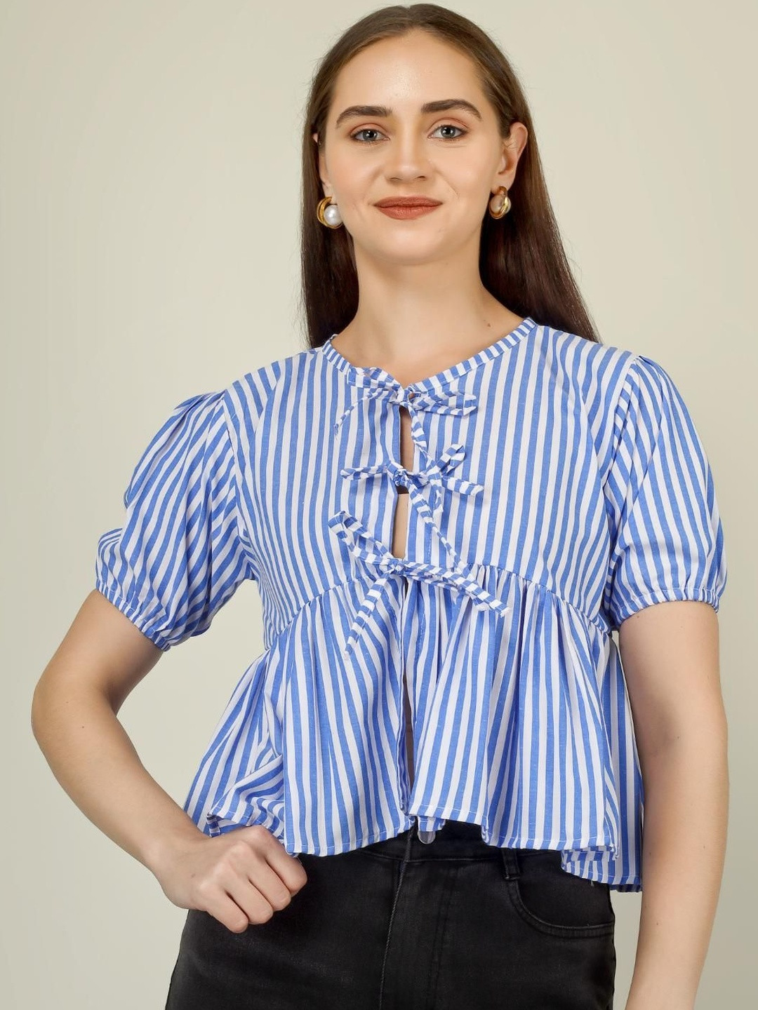 Yunic29 Striped Puff Sleeve Cotton Peplum Top