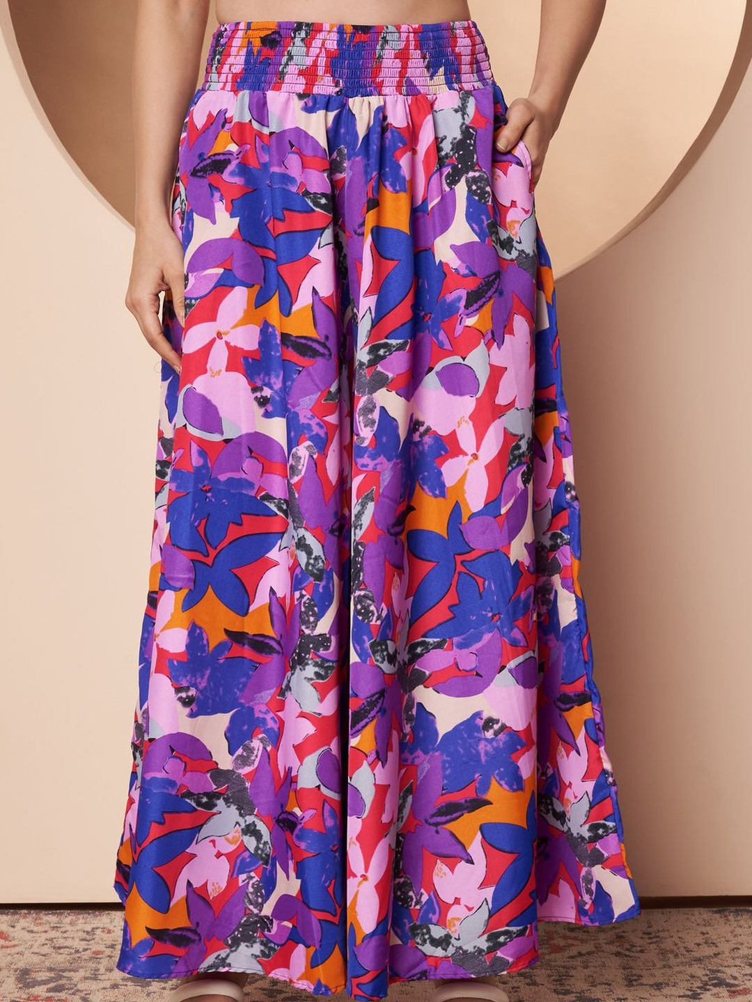 LookShine Women Floral Printed Relaxed Flared Wrinkle Free Trousers