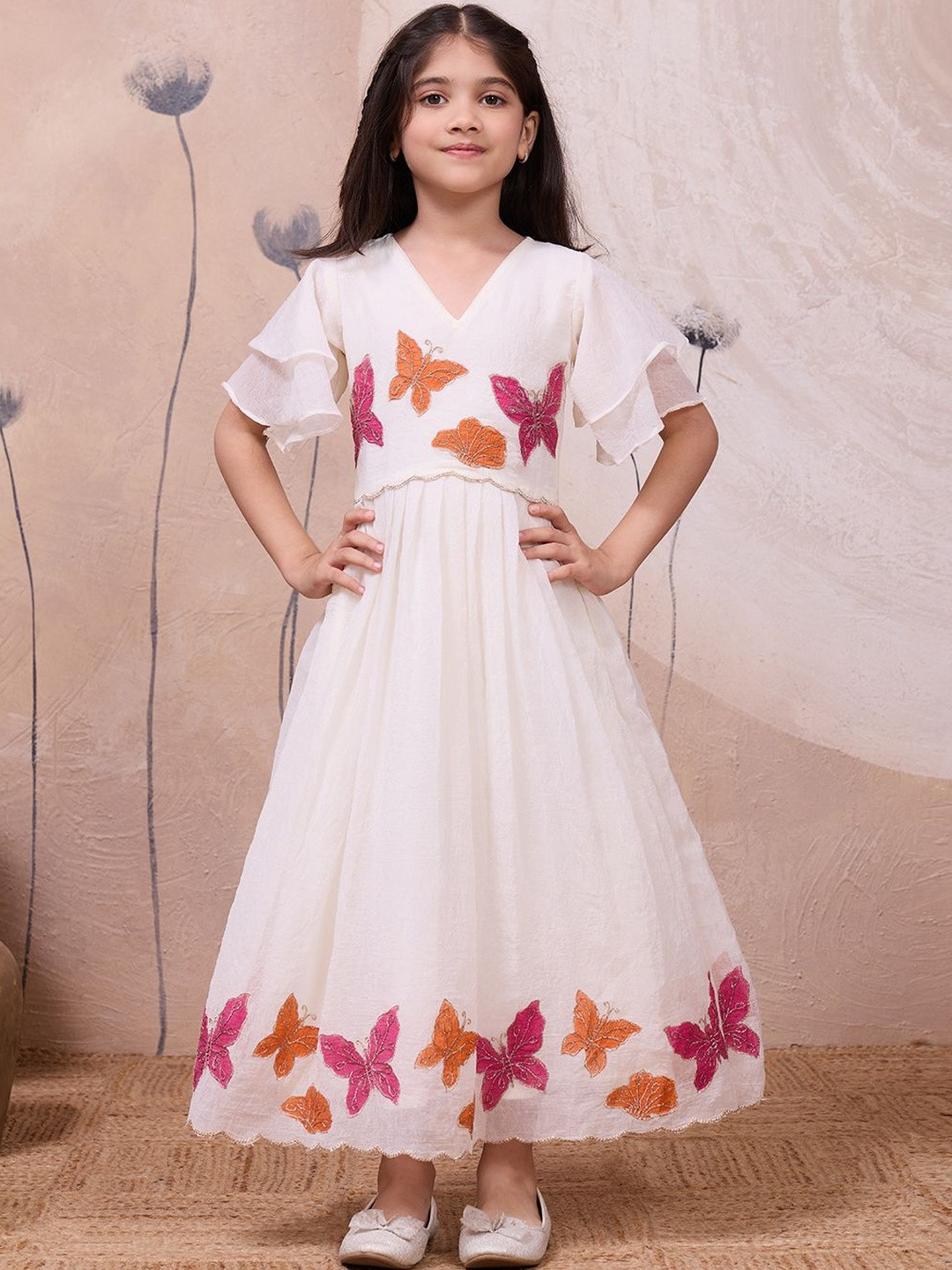 Tasarika White Embroidered V-Neck Fit and Flare Maxi Dress