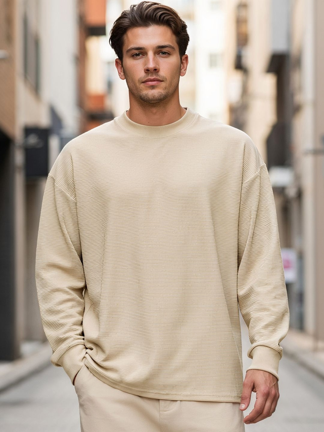 Bewakoof Heavy Duty Men Beige Textured Oversized T-shirt