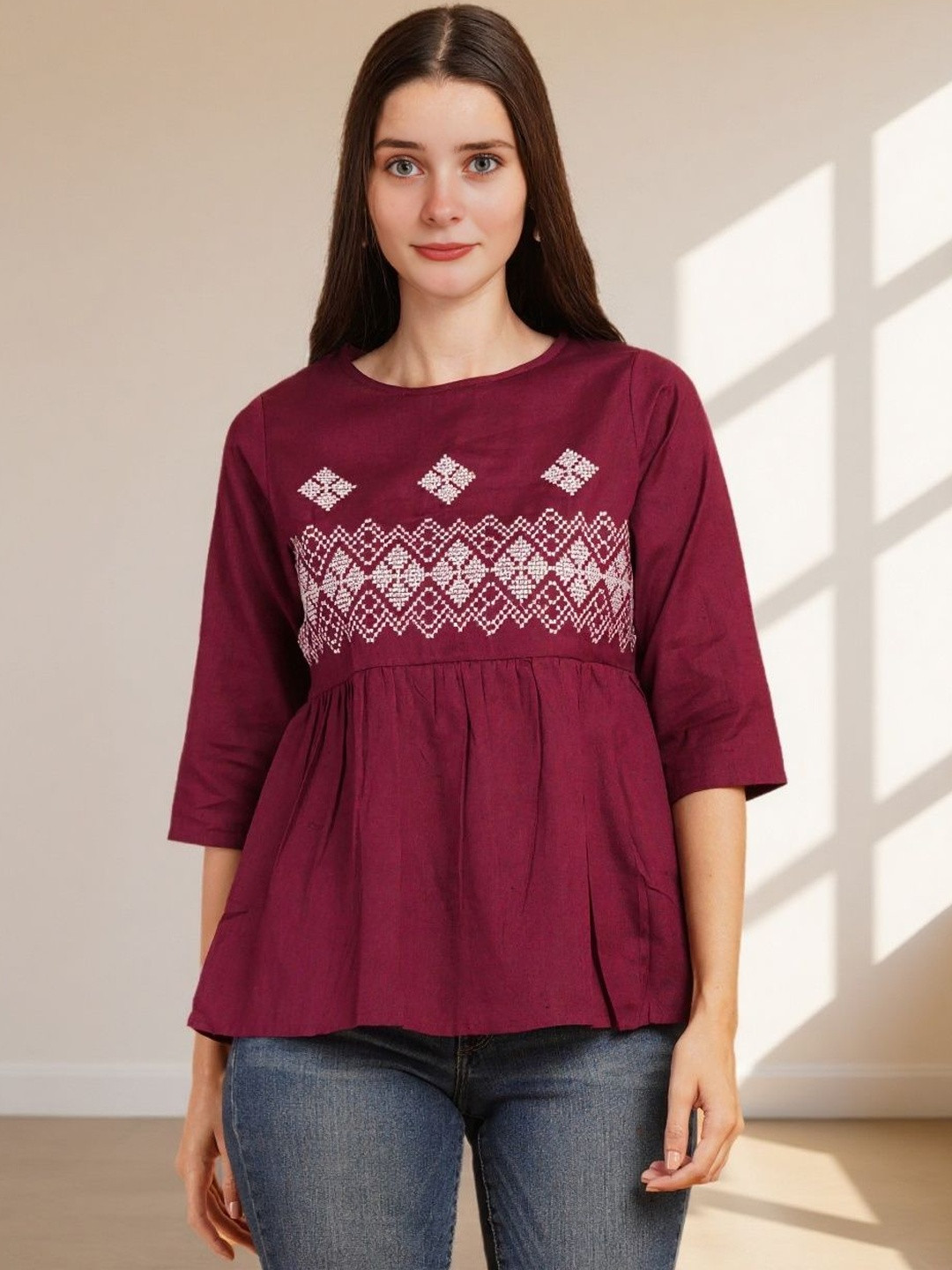 Burgundy Embroidered Ethnic Peplum Top