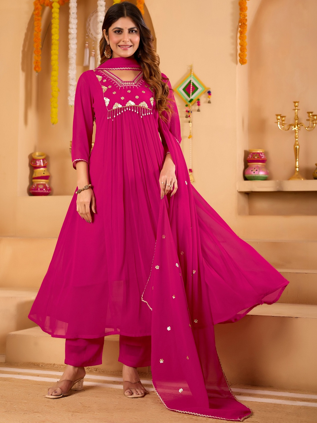 Sashay Boutique Women Ethnic Motifs Embroidered Panelled Thread Work Kurta with Trousers & With Dupatta