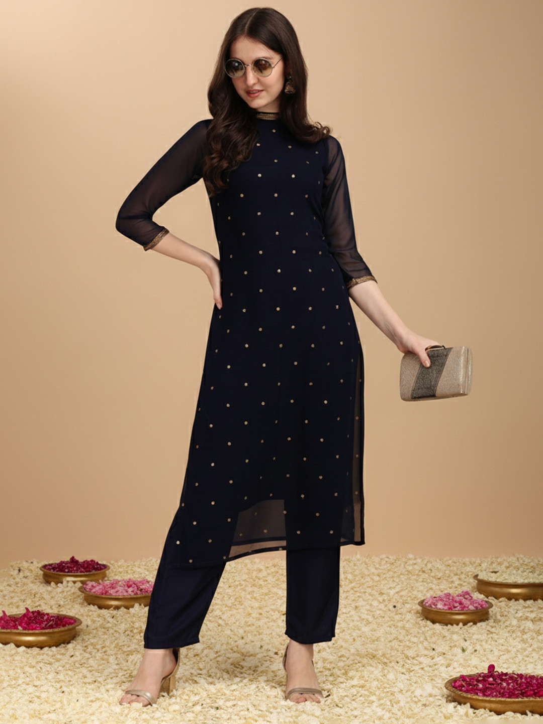 KALINI Ethnic Motifs Printed Round Neck Gotta Patti Straight Kurta With Trousers