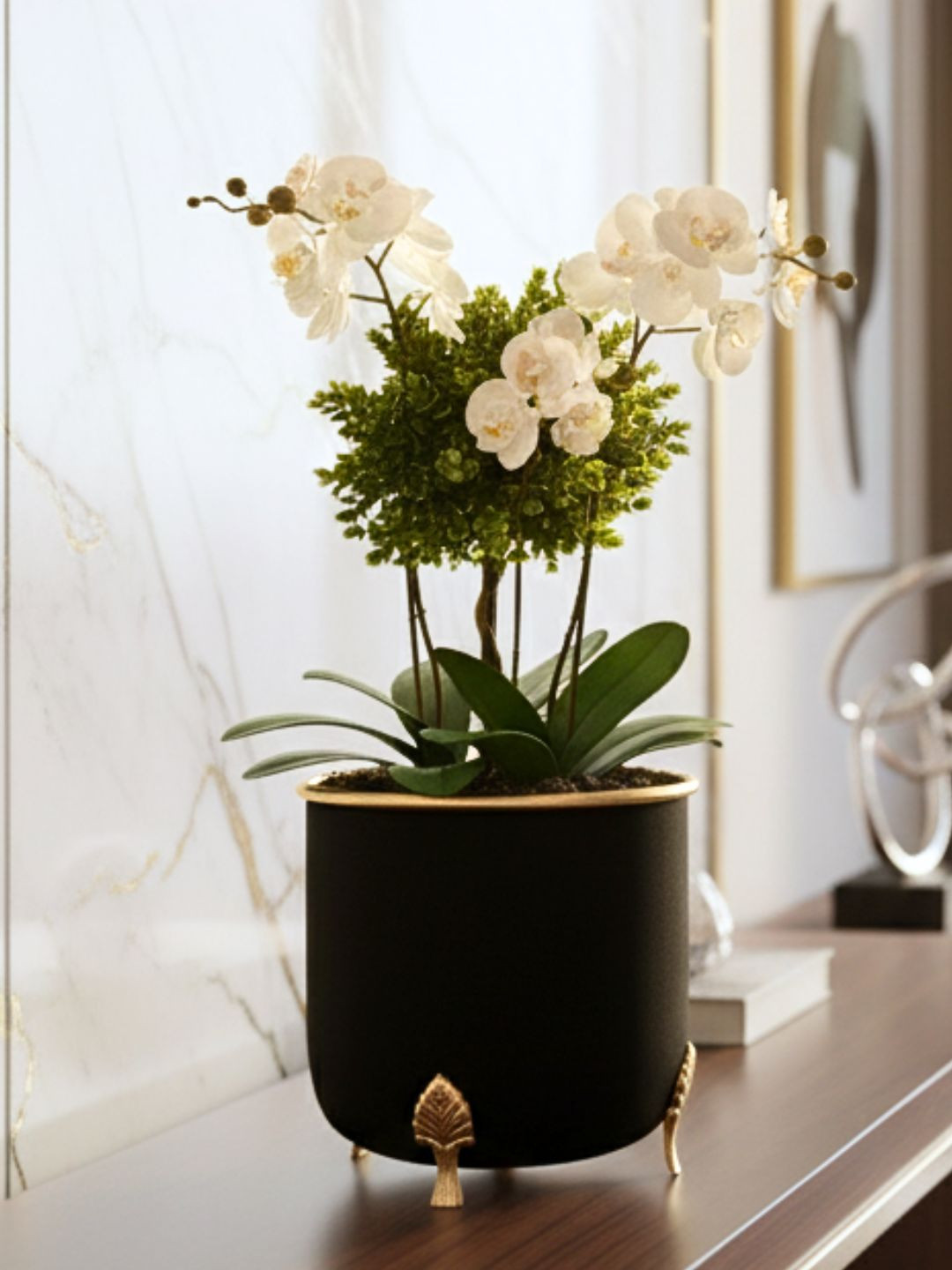 BEHOMA Black & Gold Toned Metal Planter With Leaf Legs