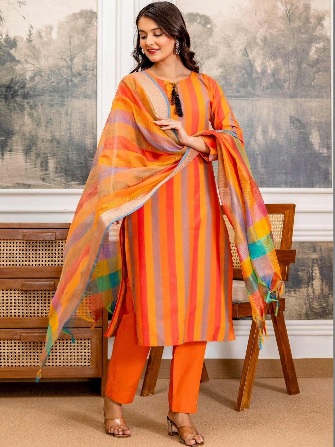 BILANZA Women Striped Regular Kurta with Trousers & With Dupatta