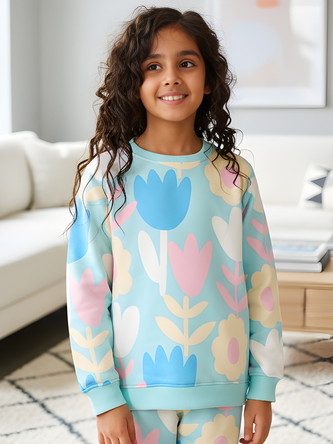 Anthrilo Girls Aqua Printed Long Sleeves Fleece Sweatshirt