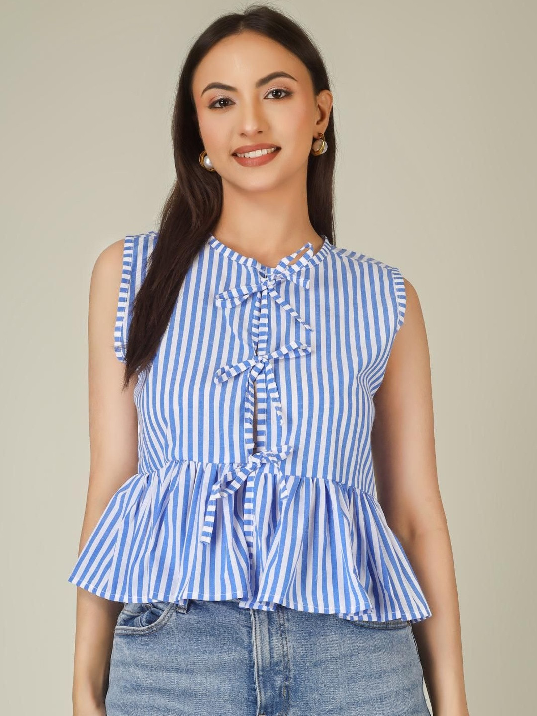 Yunic29 Striped Tie-Up Neck Cotton Peplum Top