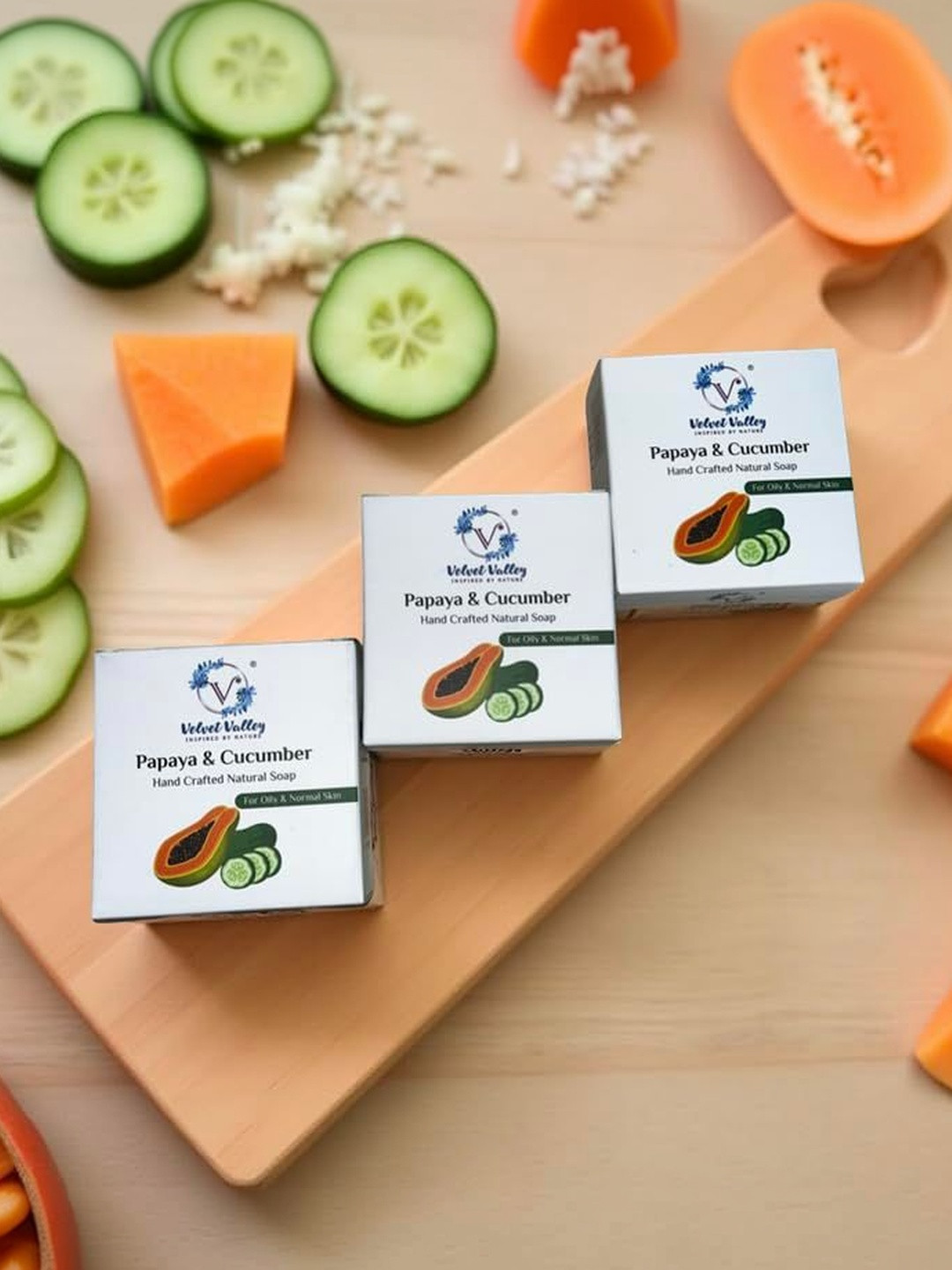 VELVET VALLEY Set Of 3 Papaya & Cucumber Fresh Refreshing Soap Bar- 100 g Each