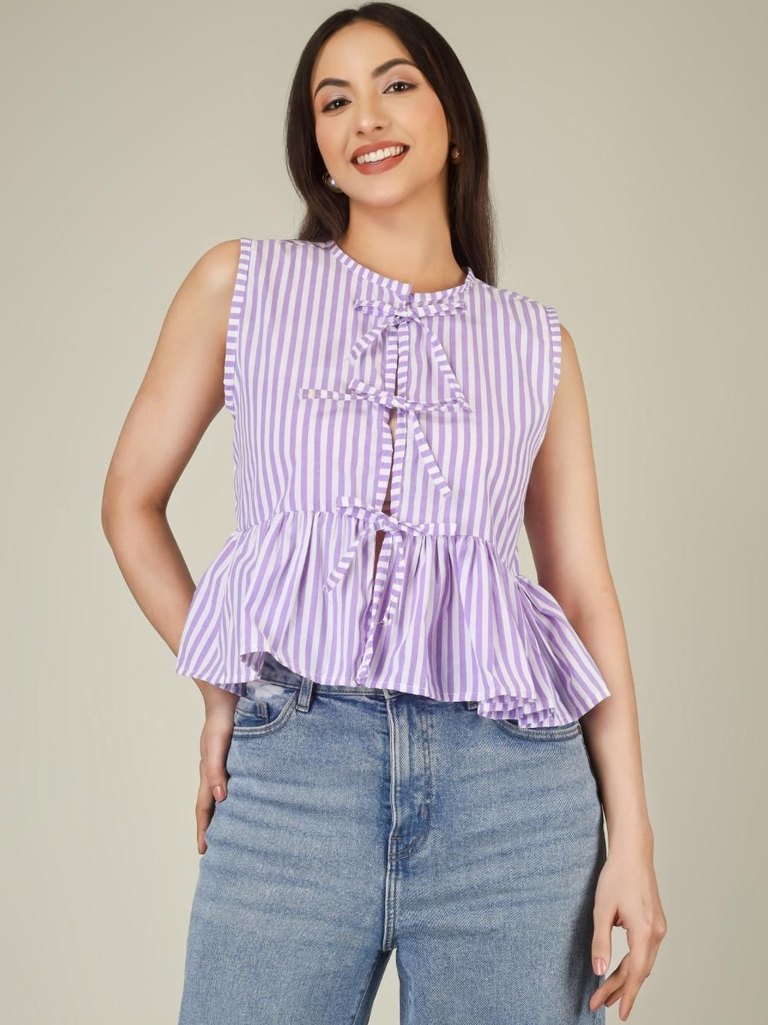 Lavender Vertical Striped Tie-up Neck Peplum Top