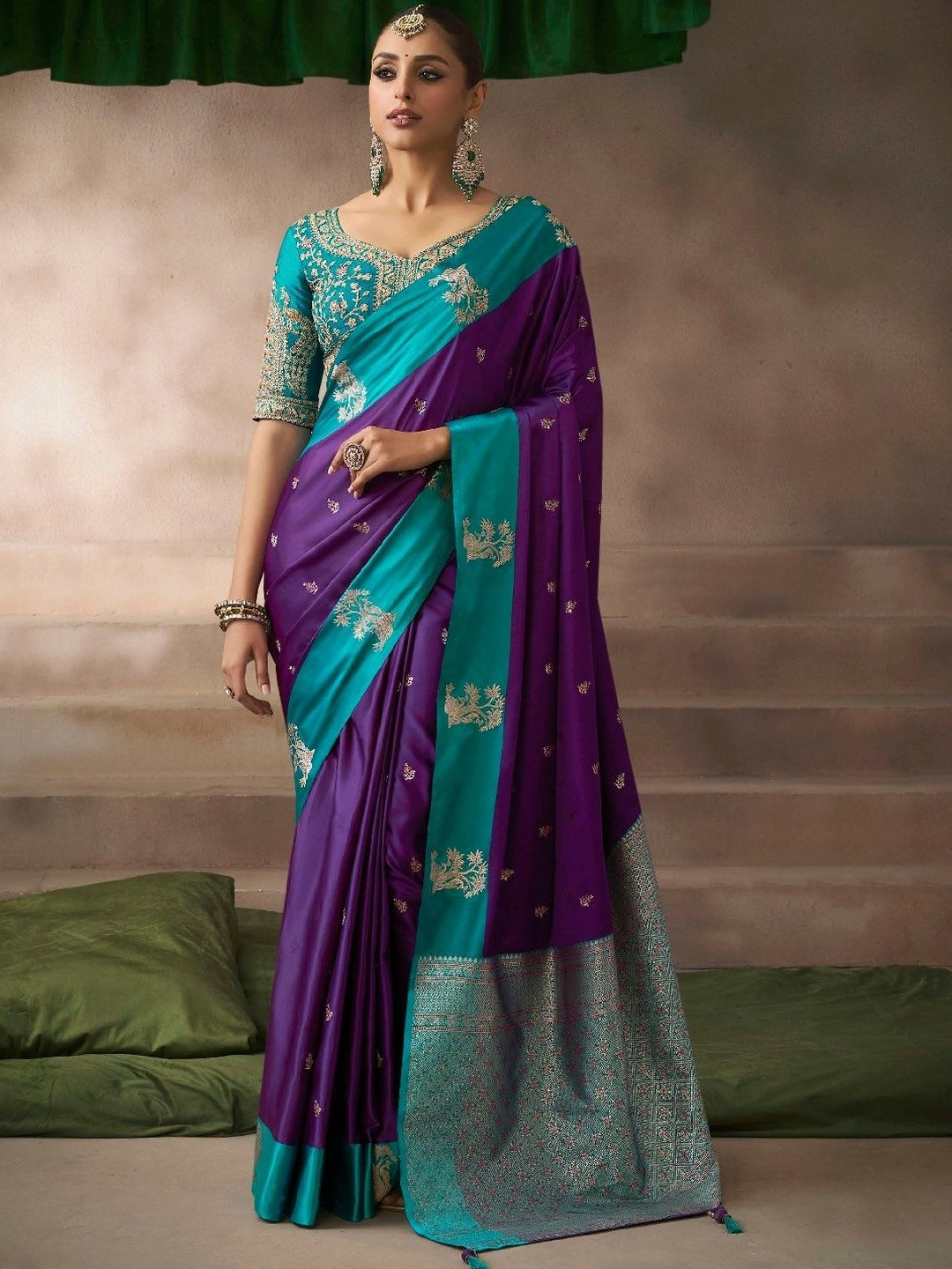 MUKHITA Woven Design Embroidered Satin Heavy Work Saree