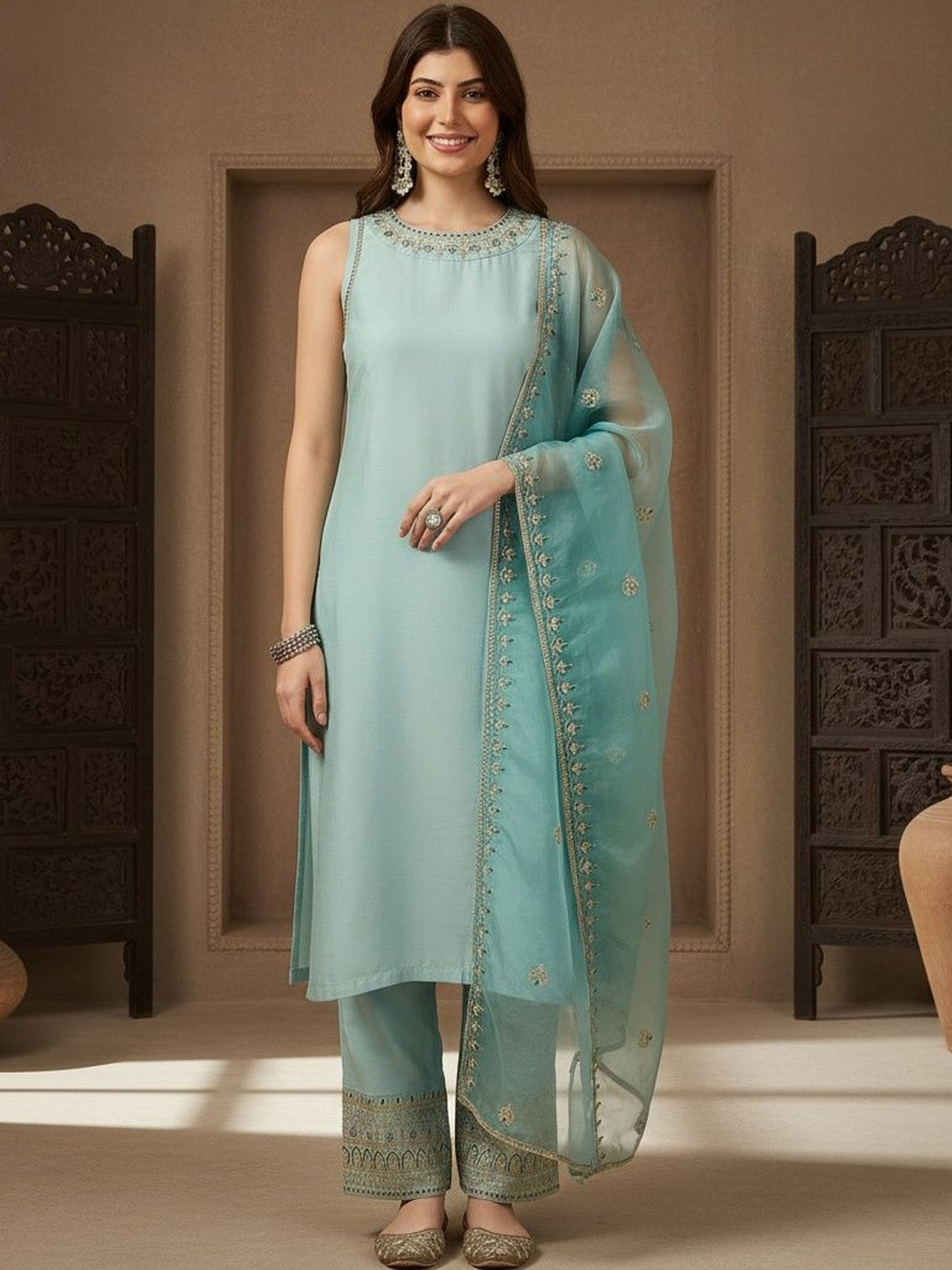 HERE&NOW Women Ethnic Motifs Embroidered Regular Thread Work Kurta with Trousers & With Dupatta
