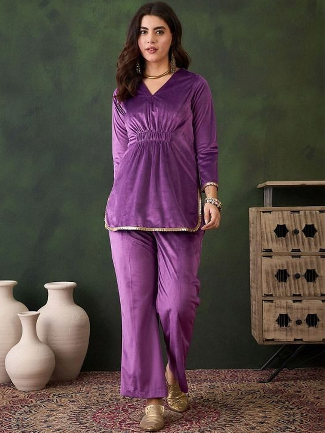 Winter Velvet v- Neck Gathered Top & Trousers Co-Ords