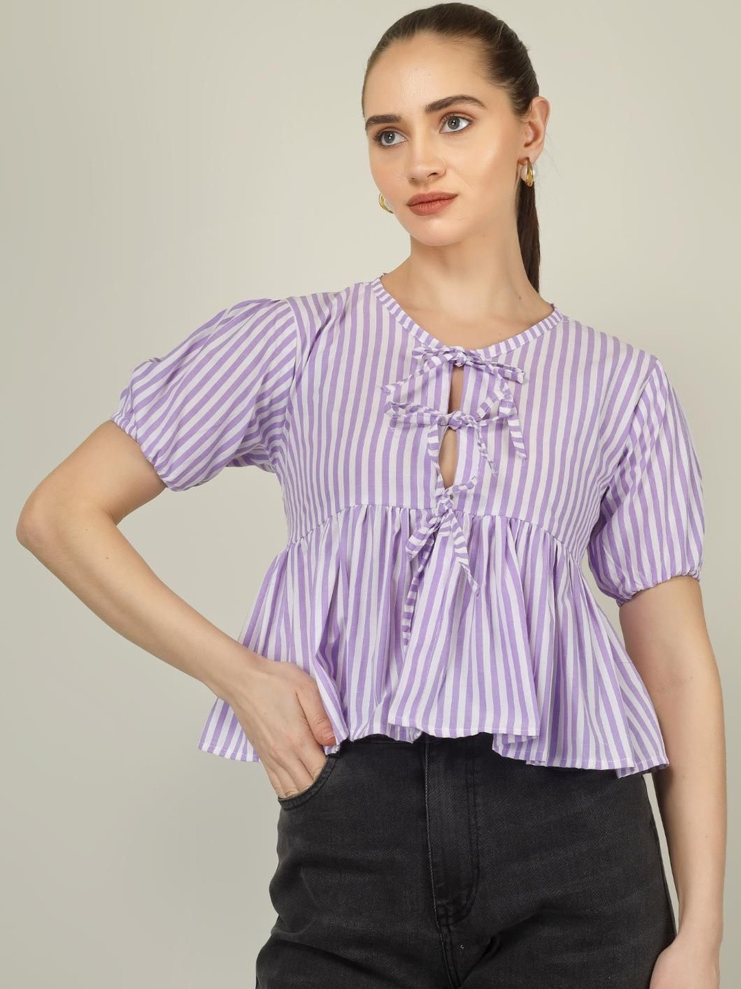 Yunic29 Striped Tie-Up Neck Puff Sleeve Cotton Peplum Top