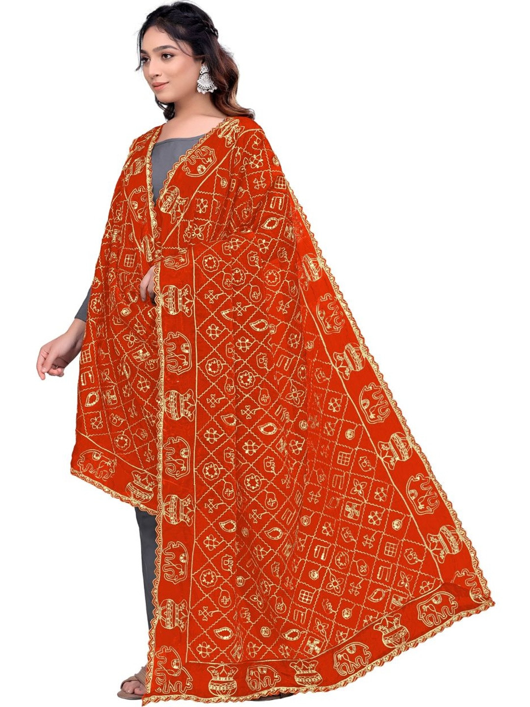 Kemza Ethnic Motifs Embroidered Art Silk Dupatta with Sequinned