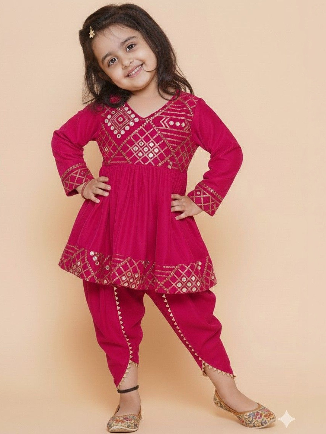 Titrit Girls Ethnic Motifs Embroidered Empire Mirror Work Velvet Kurta with Dhoti Pants