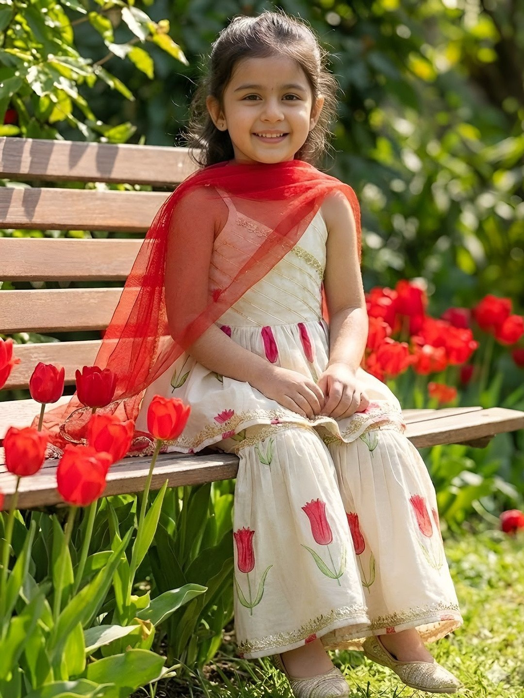 Vetrokart Girls Floral Printed Empire Raw Silk Kurti with Sharara & With Dupatta