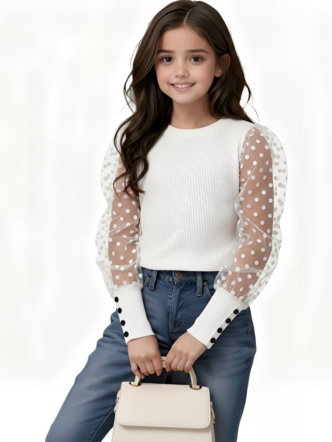 WAHOO Polka Dot Puff Sleeve Net Top