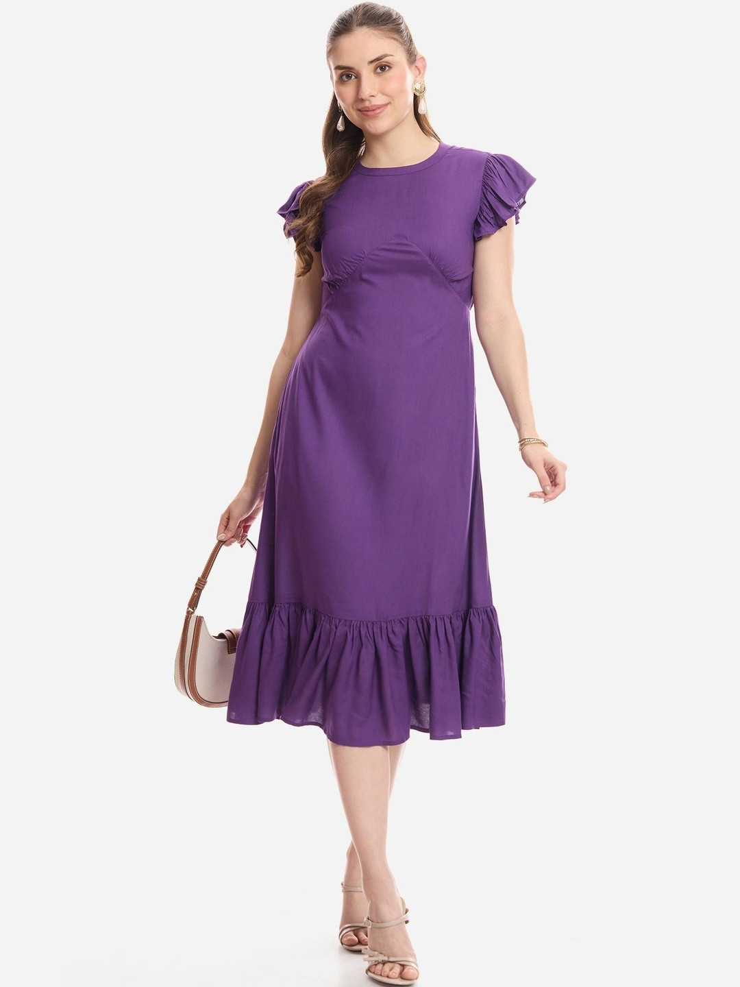 Virgio Solid Viscose Fit and Flare Round Neck Midi Dress for Women