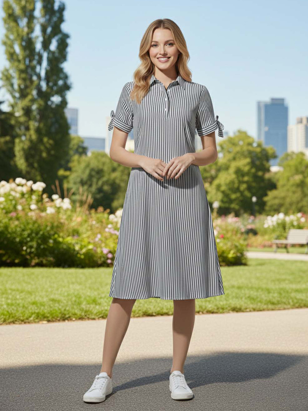SZN Women Striped Shirt Collar Short Sleeves Maxi Dress