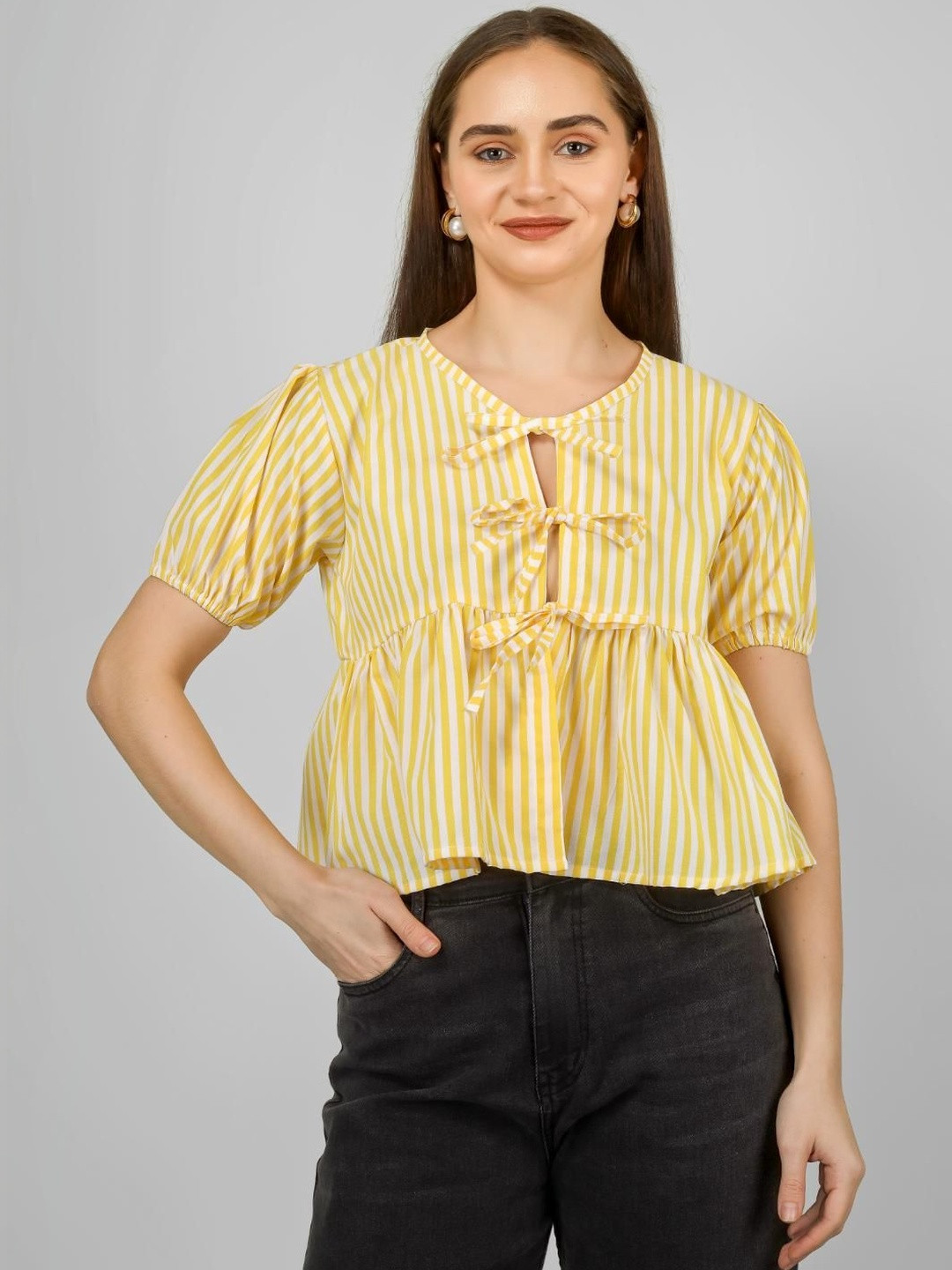 Yunic29 Striped Puff Sleeve Cotton Peplum Crop Top