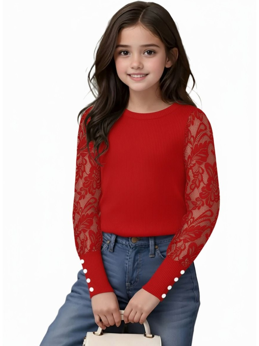 WAHOO Solid Puff Sleeve Top with Lace Detail
