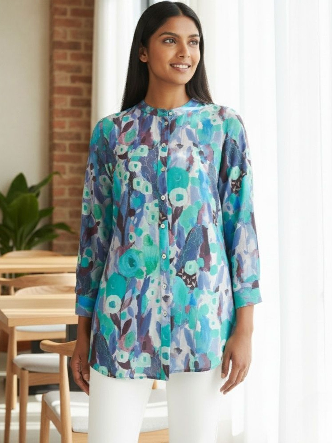 LERIYA FASHION Print Mandarin Collar Top