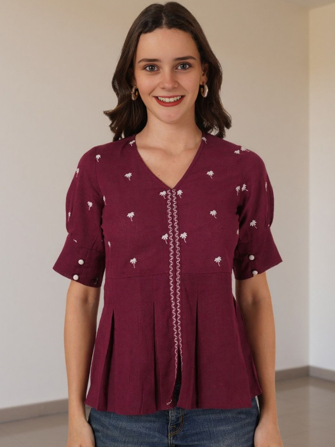 Burgundy Embroidered Puff Sleeve Peplum Top