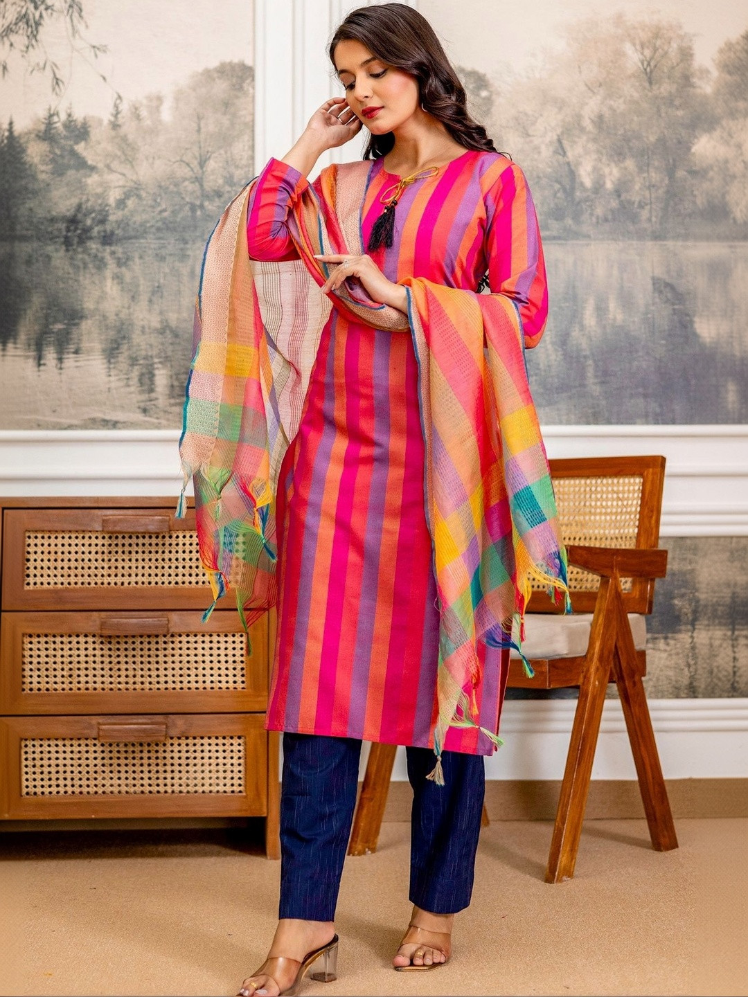 BILANZA Women Striped Regular Kurta with Trousers & With Dupatta