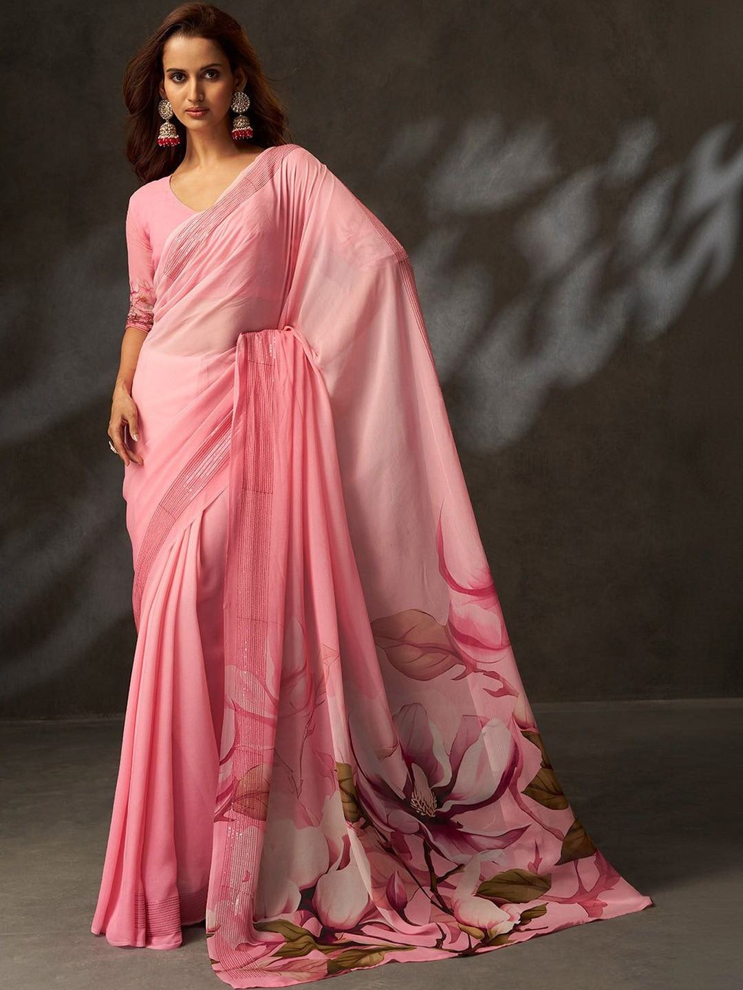 Urban Pallu Floral Sequinned Poly Georgette Designer Saree