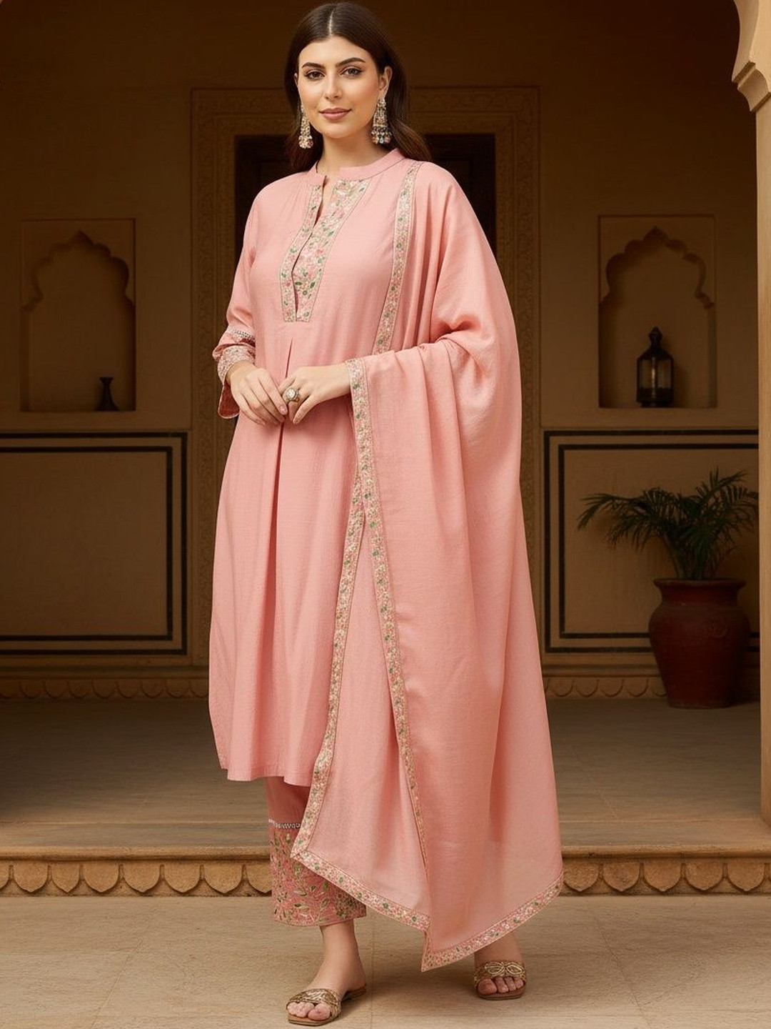 HERE&NOW Women Floral Embroidered Pleated Thread Work Kurta with Trousers & With Dupatta