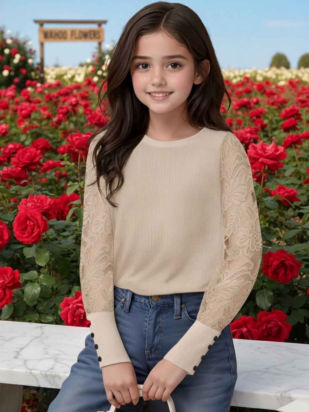 WAHOO Solid Puff Sleeve Top with Lace Detail
