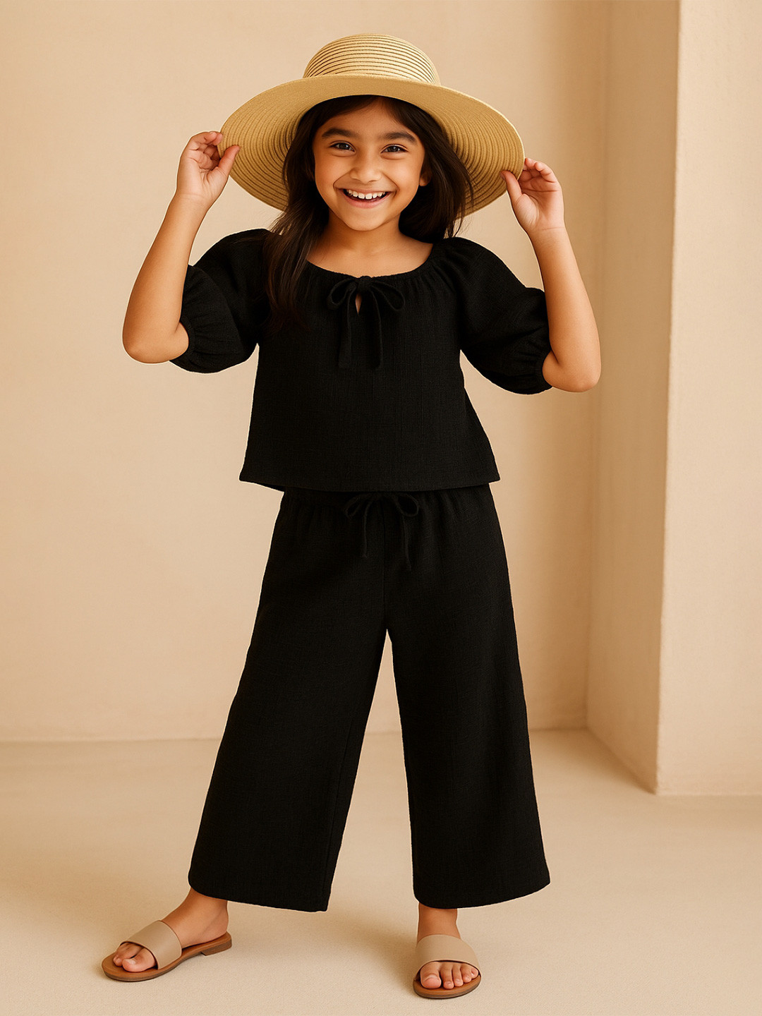 TALES & STORIES Girls Solid Black Self Design Round Neck Top & Trousers Clothing Set Co-Ord